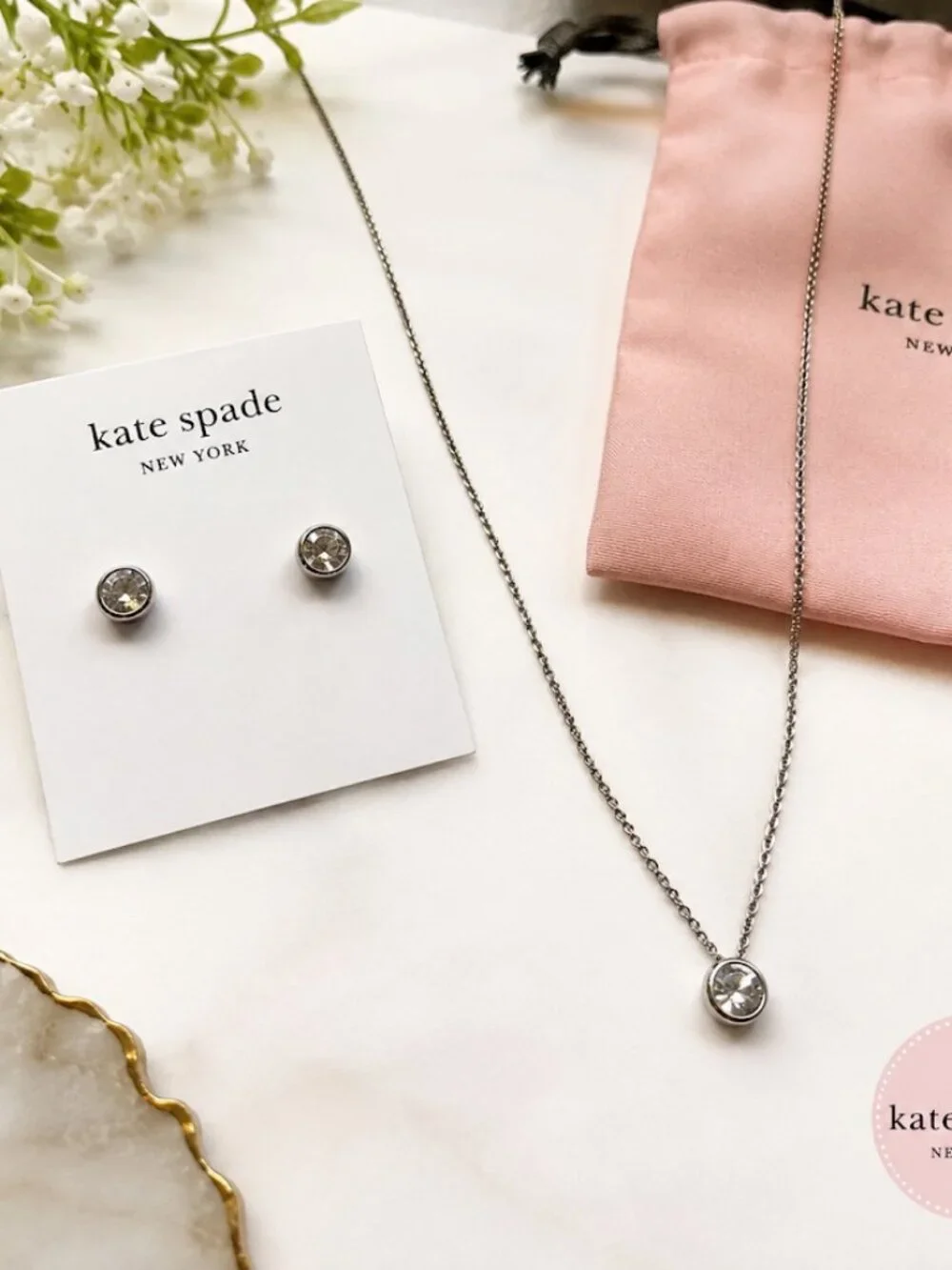 NWT Kate Spade Silver Sparkle Pendant Necklace & Earrings Set with Dust Bags